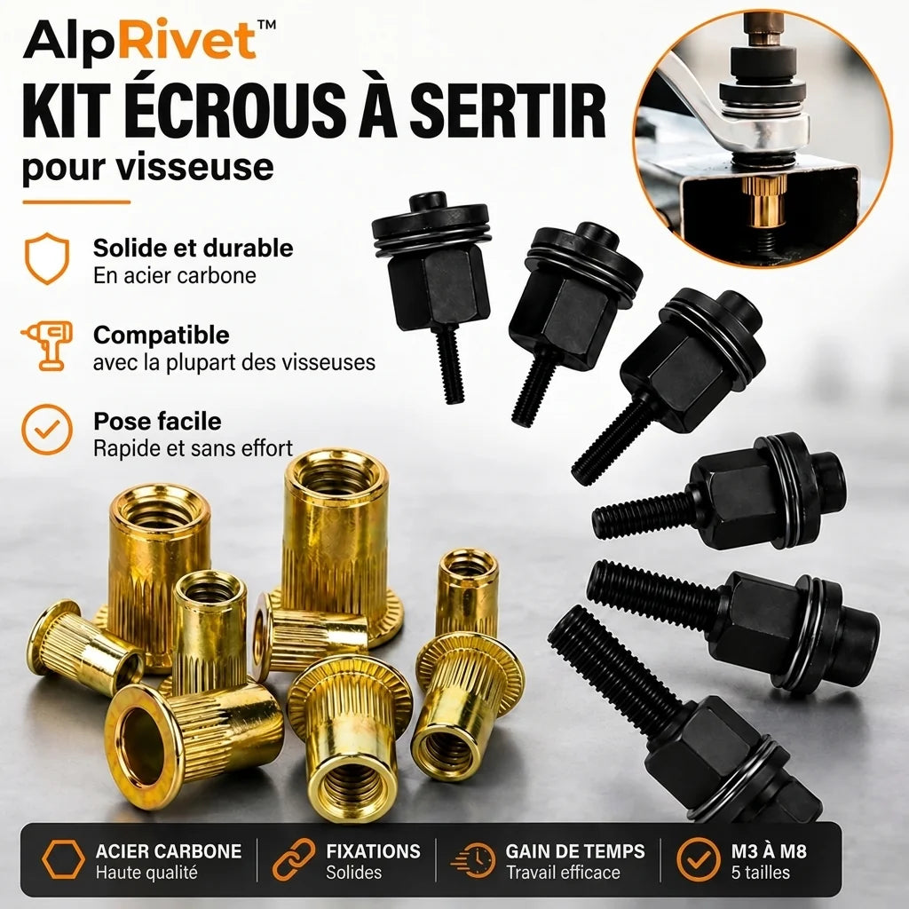 AlpRivet™ – Kit écrous à sertir pour visseuse (M3 à M8)