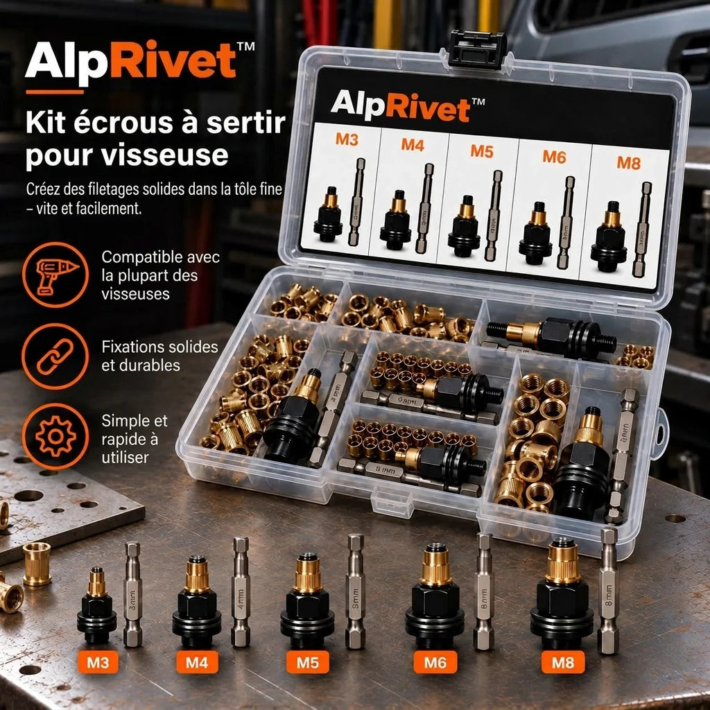 AlpRivet™ – Kit écrous à sertir pour visseuse (M3 à M8)
